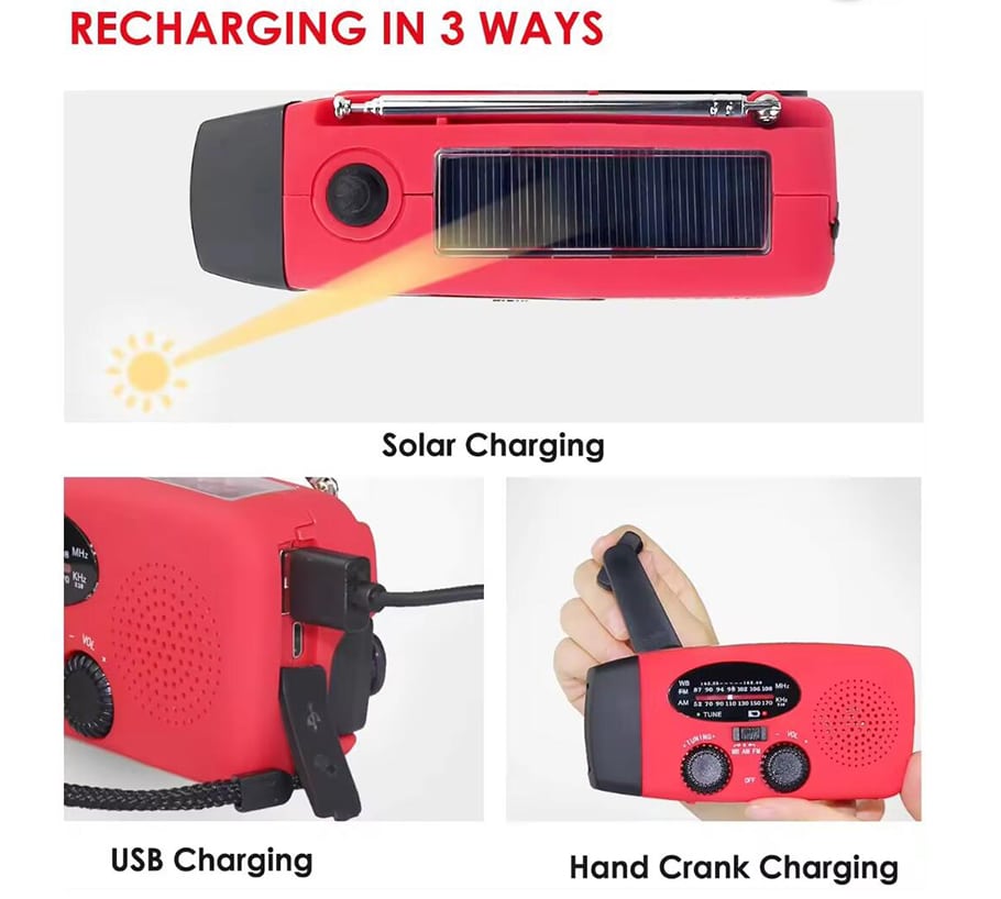 Nødradio FM/AM m/indbygget solceller, lygte, Powerbank & håndsving