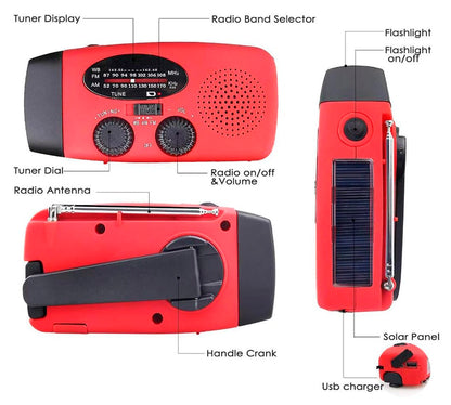 Nødradio FM/AM m/indbygget solceller, lygte, Powerbank & håndsving