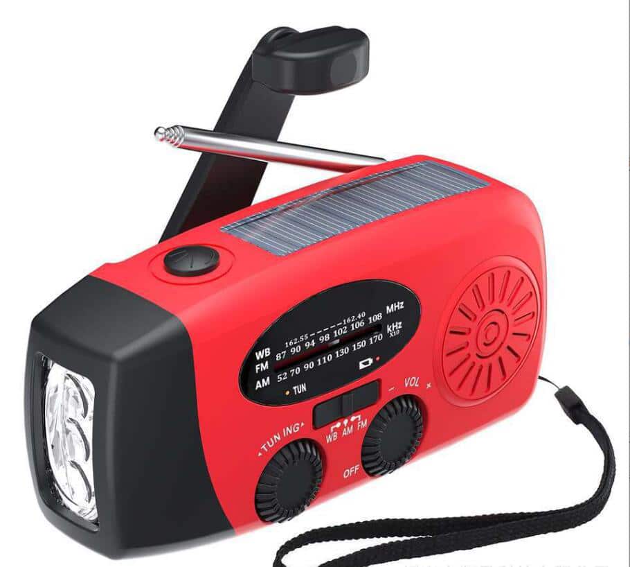 Nødradio FM/AM m/indbygget solceller, lygte, Powerbank & håndsving
