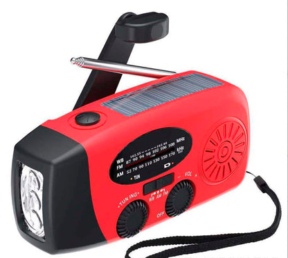 Nødradio FM/AM m/indbygget solceller, lygte, Powerbank & håndsving