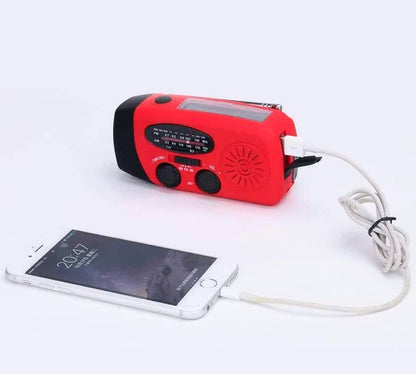 Nødradio FM/AM m/indbygget solceller, lygte, Powerbank & håndsving