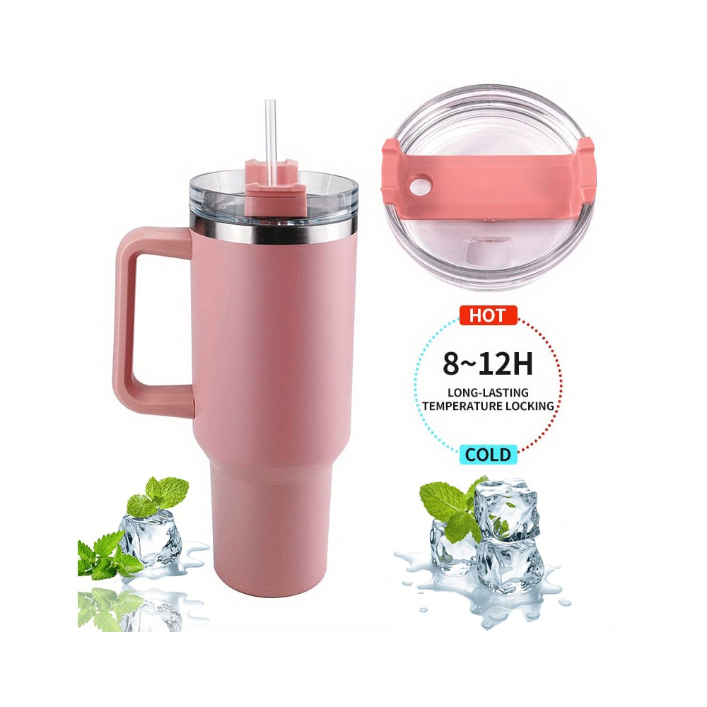 Tumbler termokop 1200 ml med håndtag, låg og sugerør (perfekt til kold/varm drikke)