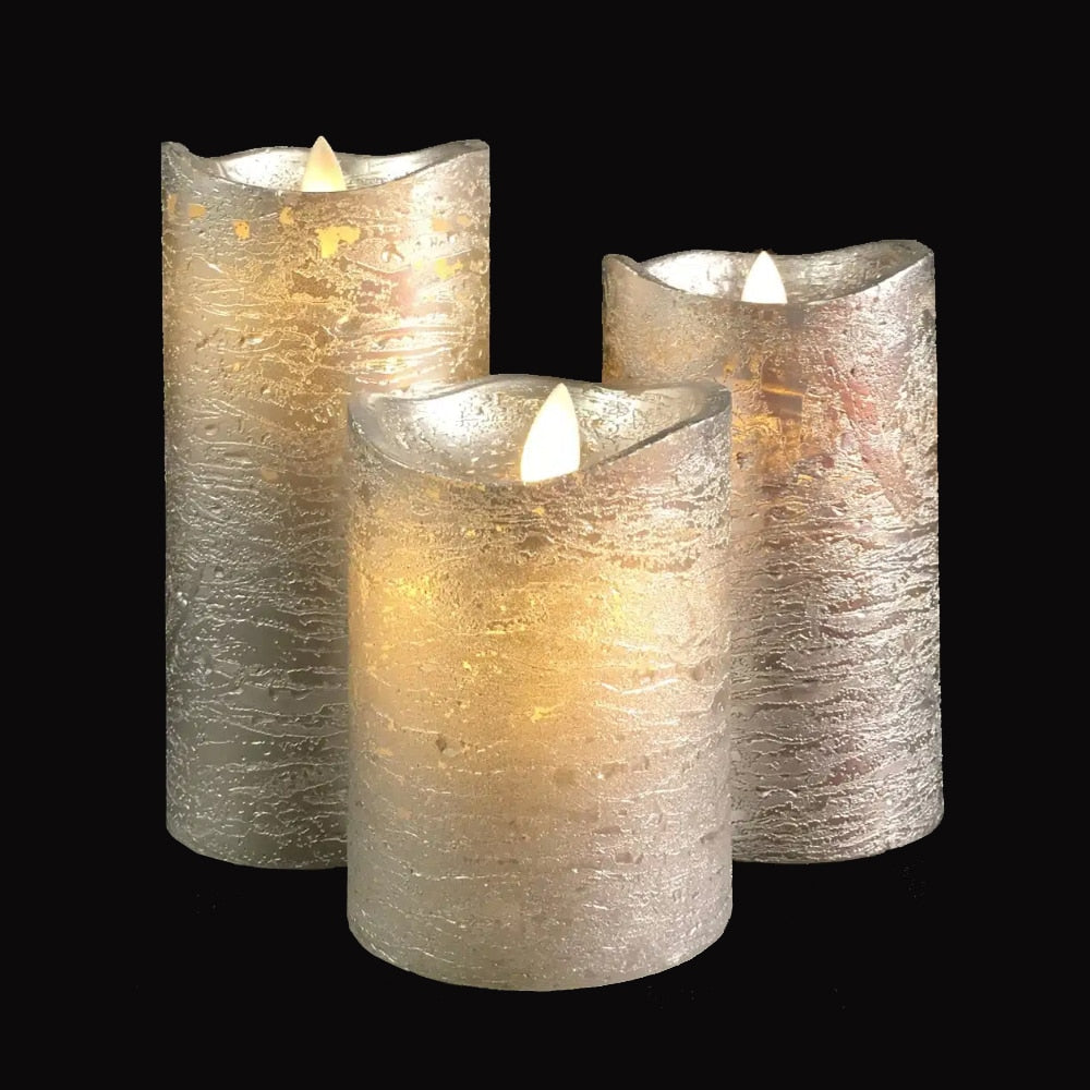 LED blok stearinlys - 3 stk. - 12/15/17 cm - m/3D flamme - (Flere farver)