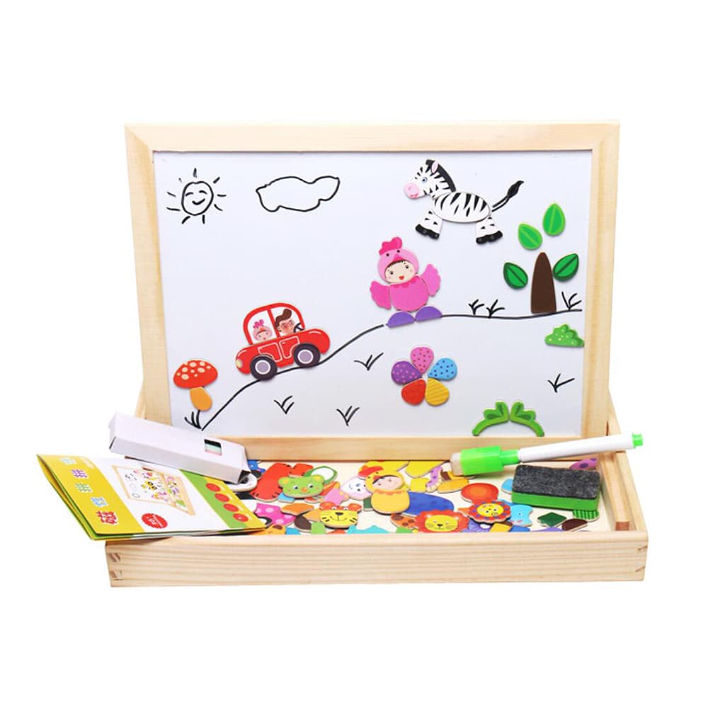 Magnetisk tavle af træ med whiteboard og kridttavle