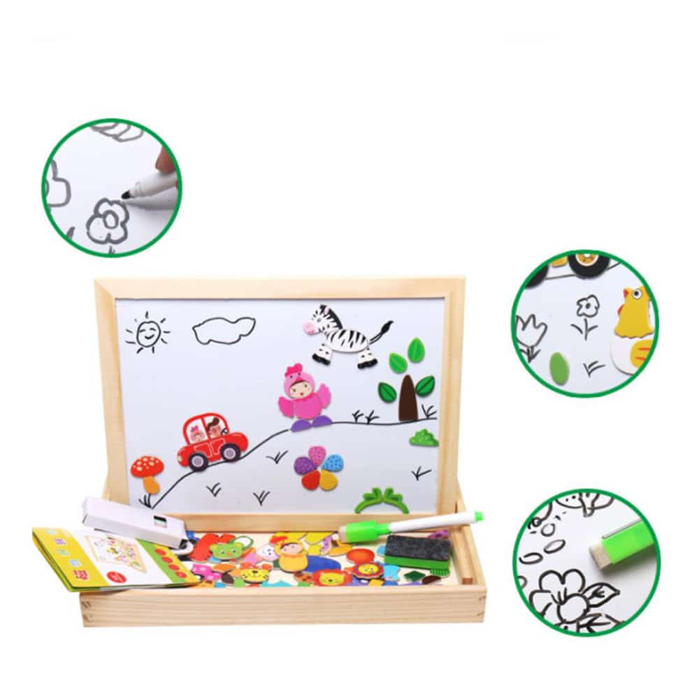 Magnetisk tavle af træ med whiteboard og kridttavle