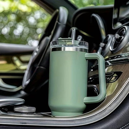 Tumbler termokop 1200 ml med håndtag, låg og sugerør (perfekt til kold/varm drikke)