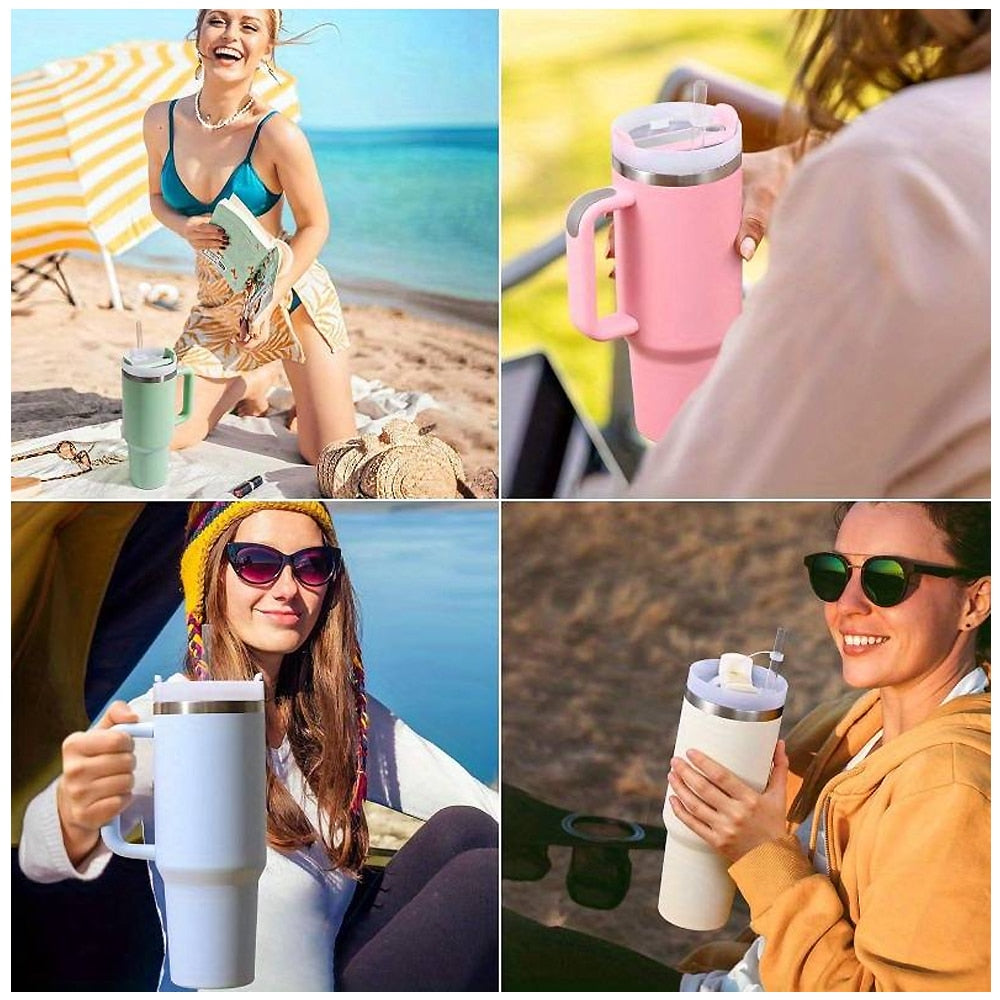 Tumbler termokop 1200 ml med håndtag, låg og sugerør (perfekt til kold/varm drikke)