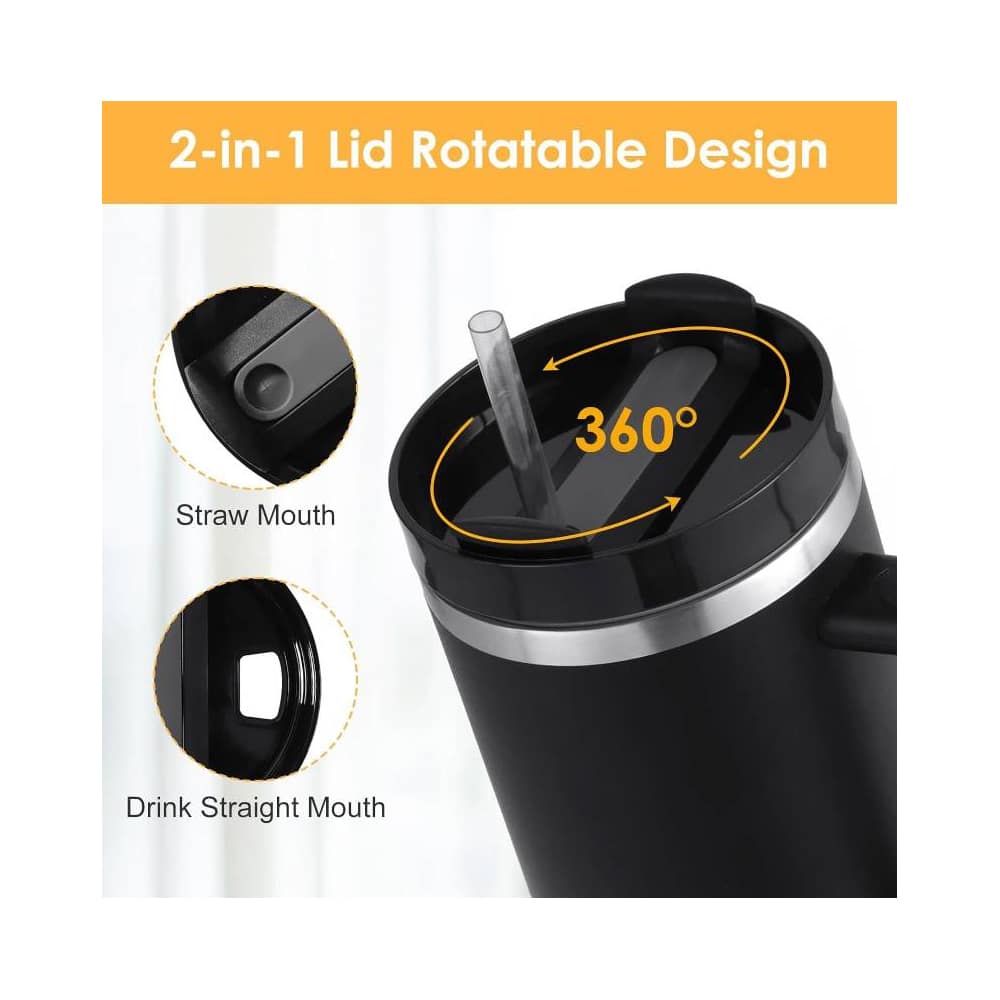 Tumbler termokop 1200 ml med håndtag, låg og sugerør (perfekt til kold/varm drikke)