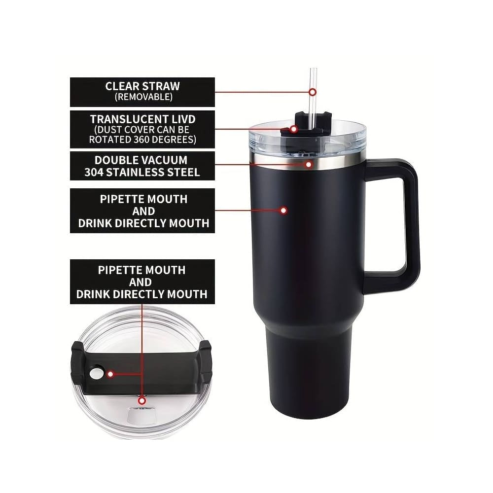 Tumbler termokop 1200 ml med håndtag, låg og sugerør (perfekt til kold/varm drikke)