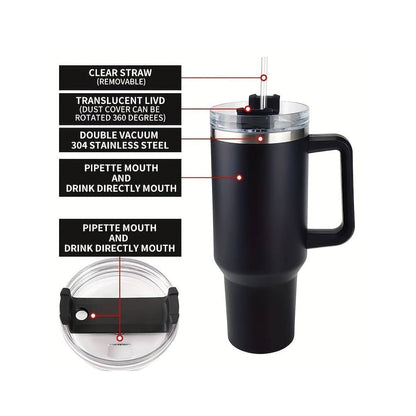 Tumbler termokop 1200 ml med håndtag, låg og sugerør (perfekt til kold/varm drikke)