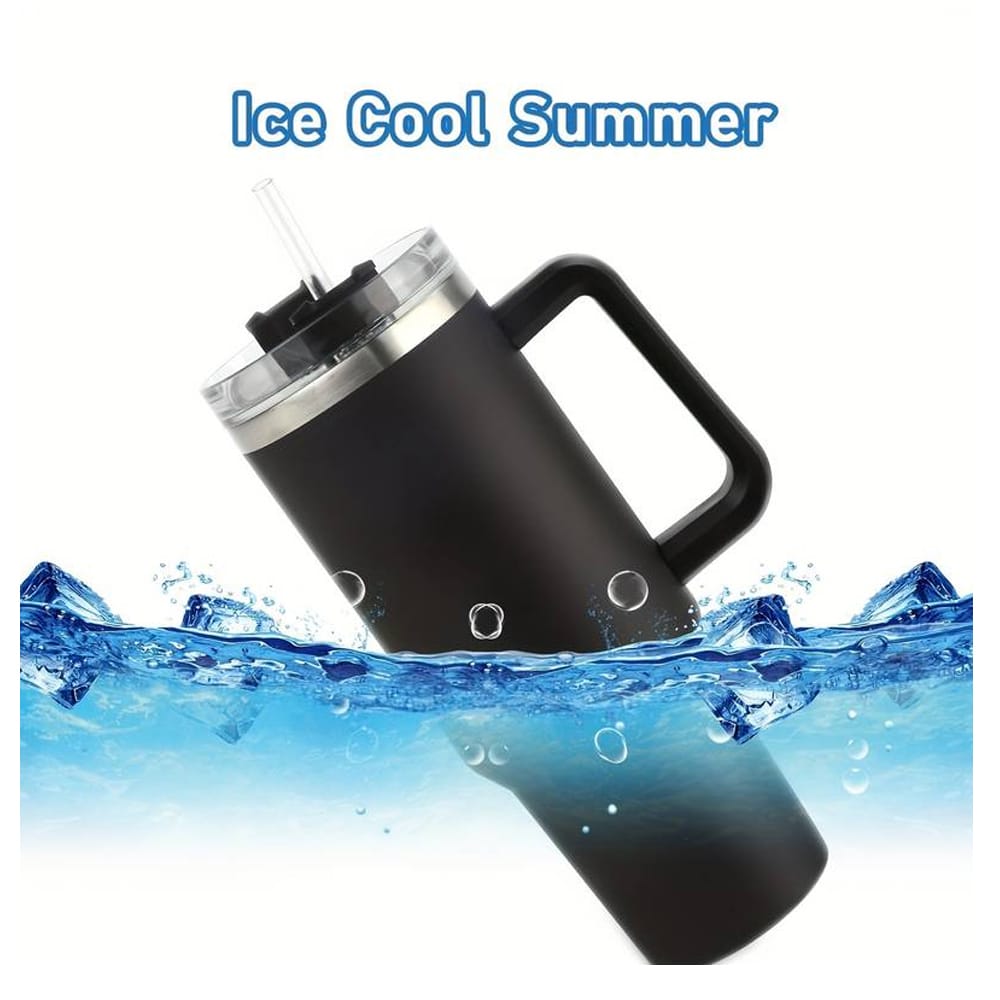 Tumbler termokop 1200 ml med håndtag, låg og sugerør (perfekt til kold/varm drikke)