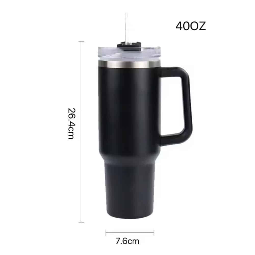 Tumbler termokop 1200 ml med håndtag, låg og sugerør (perfekt til kold/varm drikke)