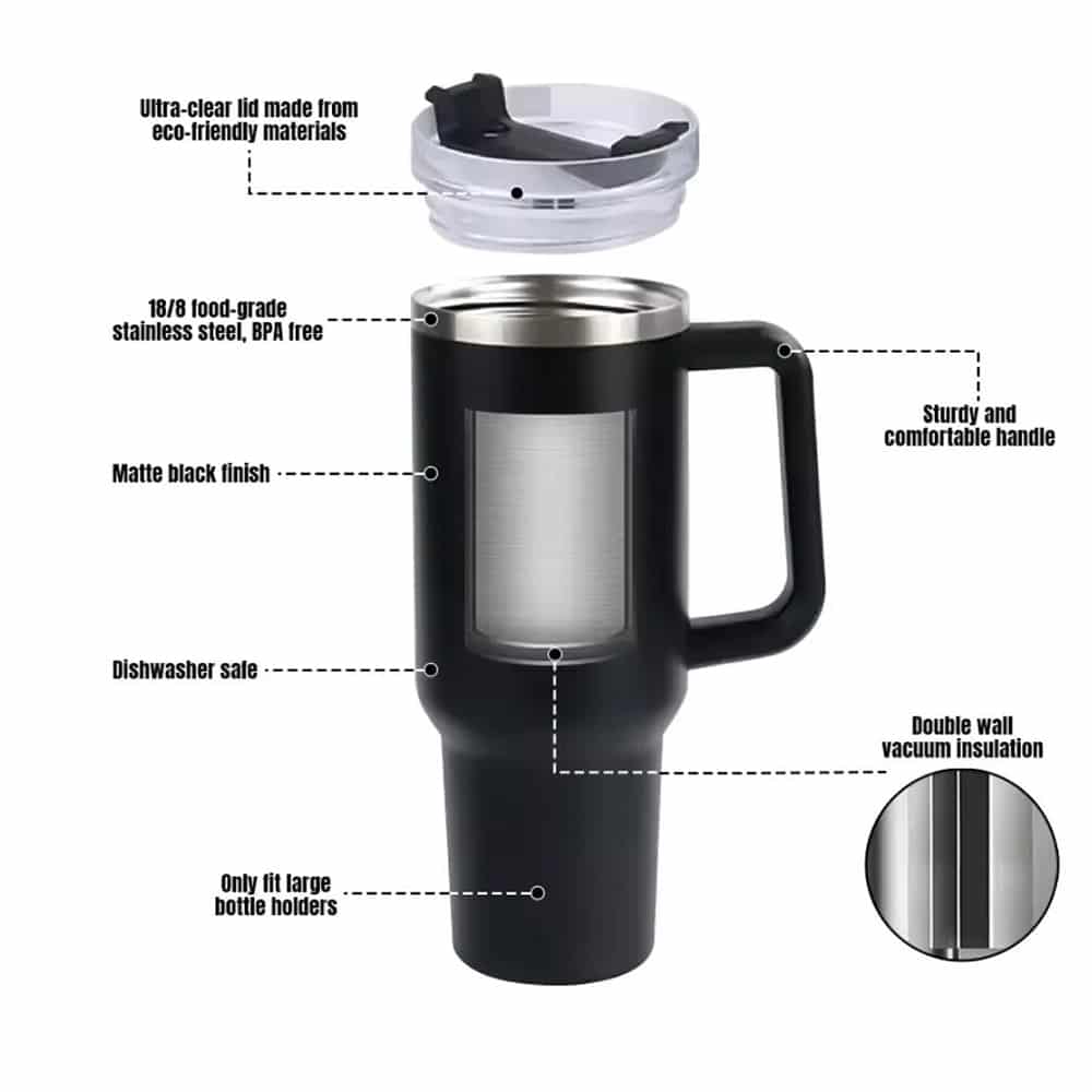 Tumbler termokop 1200 ml med håndtag, låg og sugerør (perfekt til kold/varm drikke)