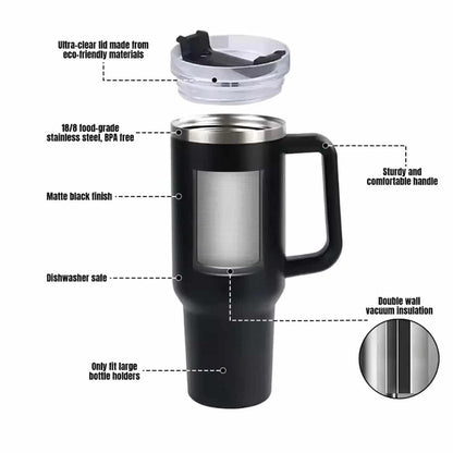 Tumbler termokop 1200 ml med håndtag, låg og sugerør (perfekt til kold/varm drikke)