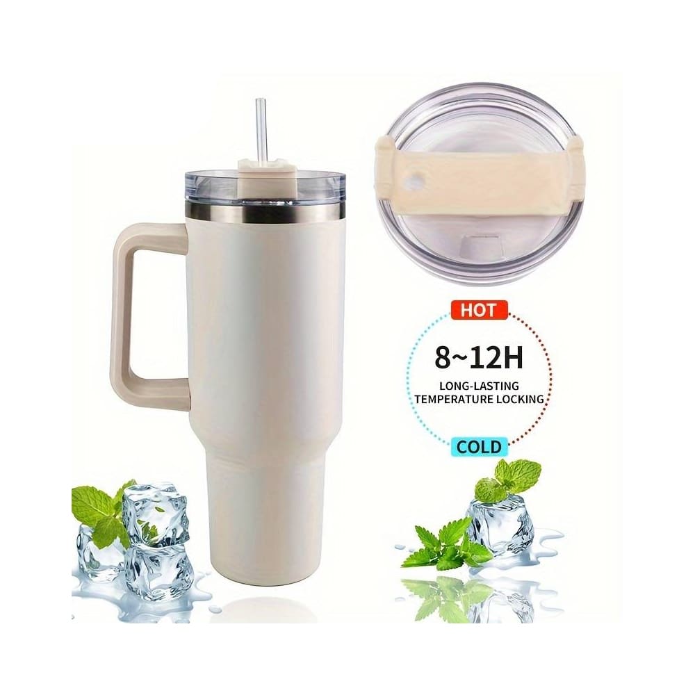 Tumbler termokop 1200 ml med håndtag, låg og sugerør (perfekt til kold/varm drikke)